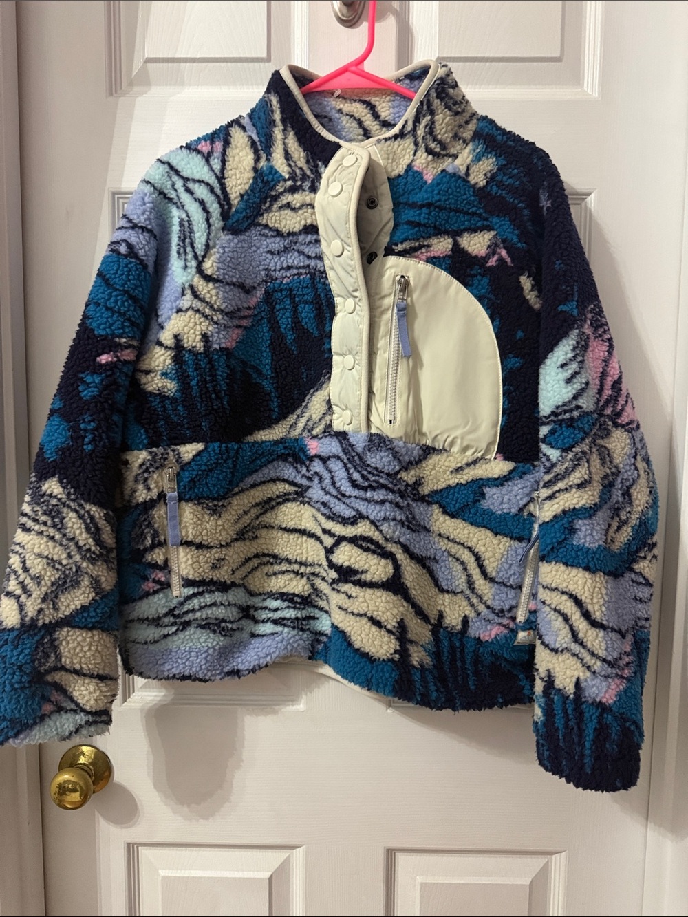 Plush Patterned Sherpa Pullover Jacket - Blue/Cream
